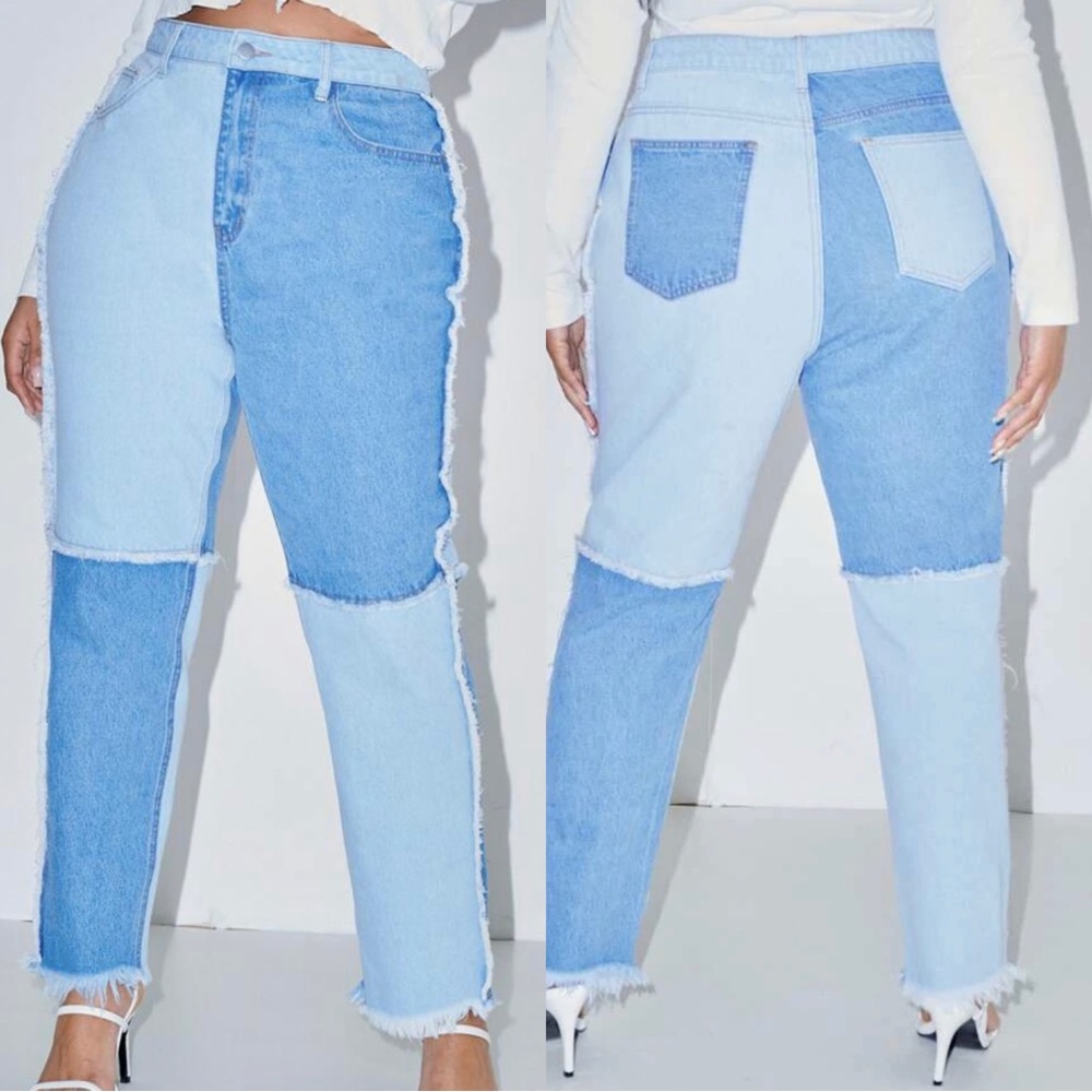 Sexy Colorblock Raw Heam Mom Jeans